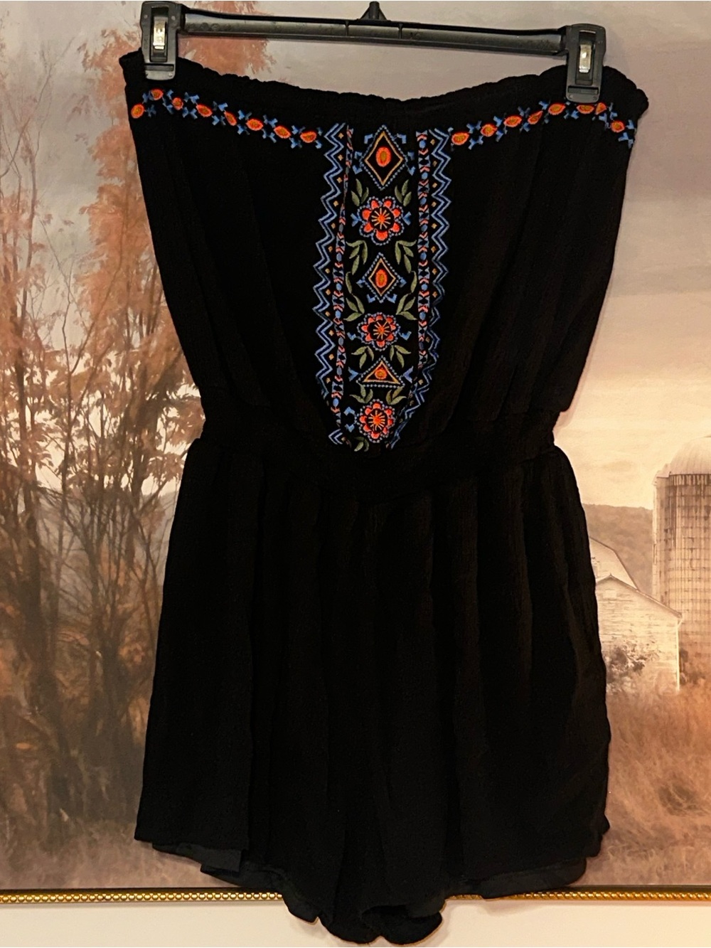 Xhilaration Boho Colorful Geometric Floral Embroidered Strapless Black Romper XL